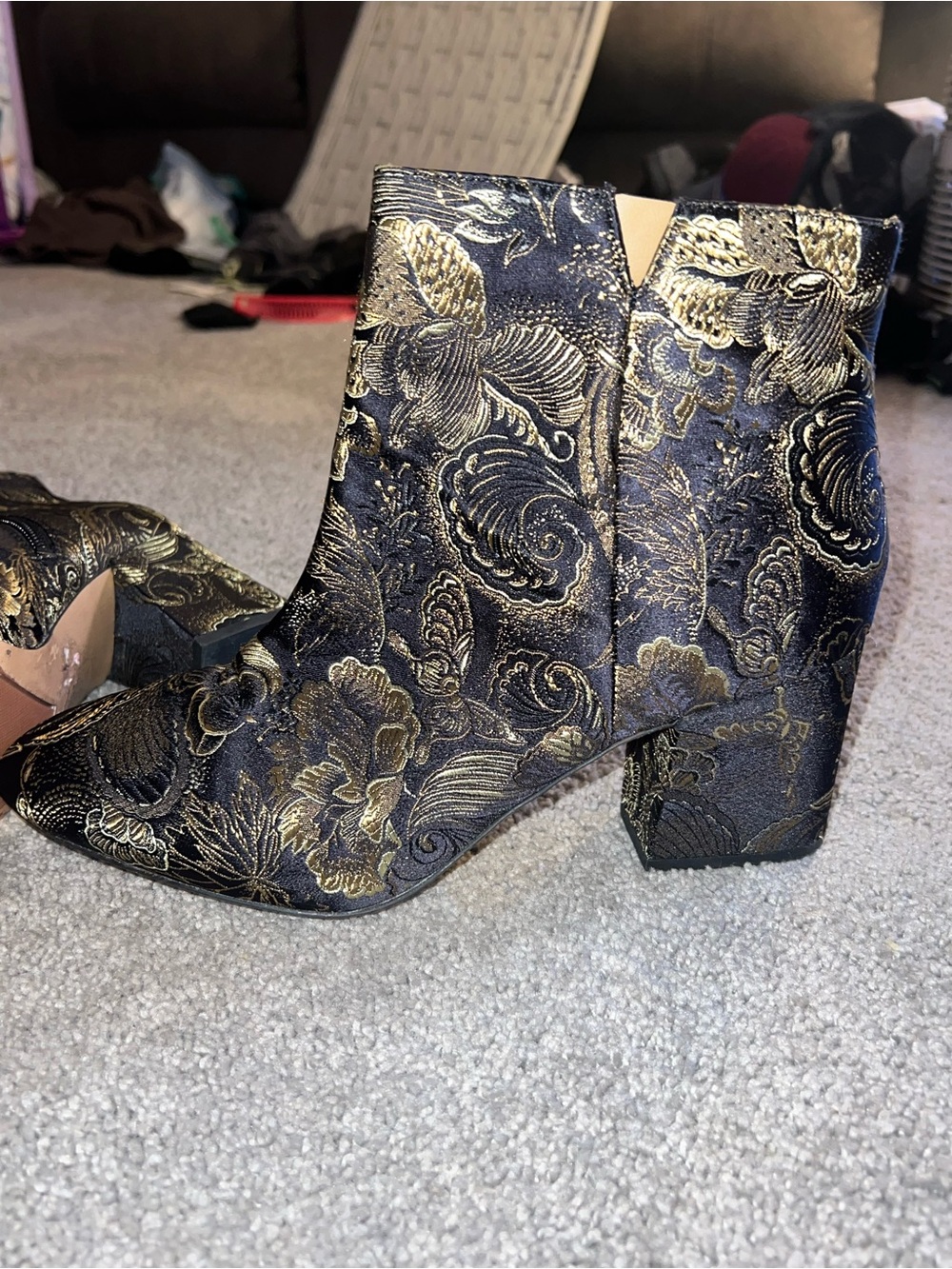 Franco Sarto Black & Gold Brocade Ankle Booties - Picture 4 of 5